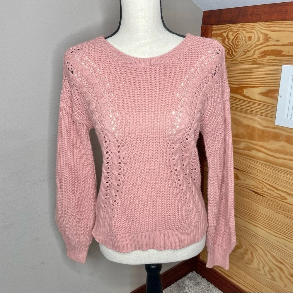 No Boundaries Juniors Caged Back Open Knit Sweater in Dusty Rose Pink Small